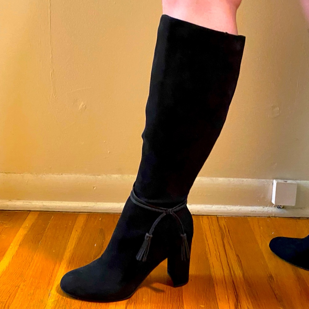 Black Suede Thigh High Boots with Heel